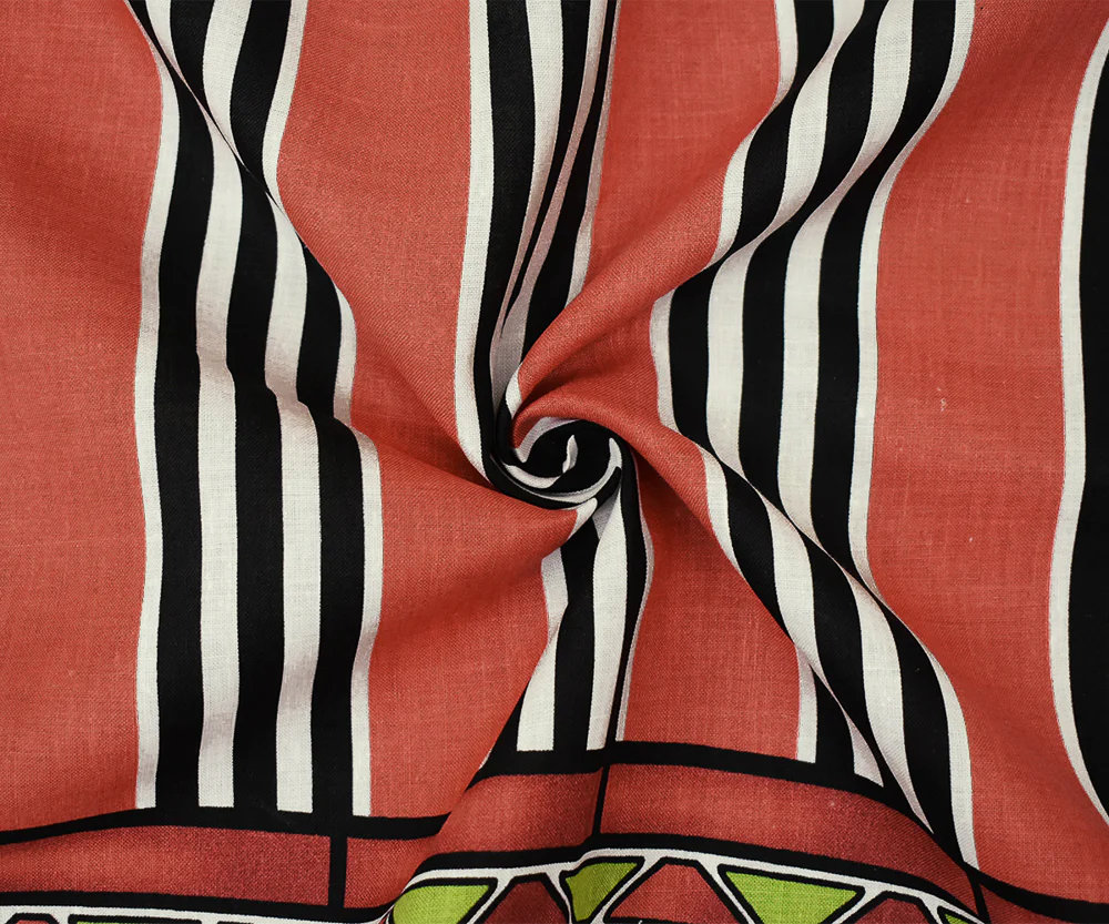 Coral Red-Black-Multi Aztec Pattern Printed Linen Woven Fabric - Image 3