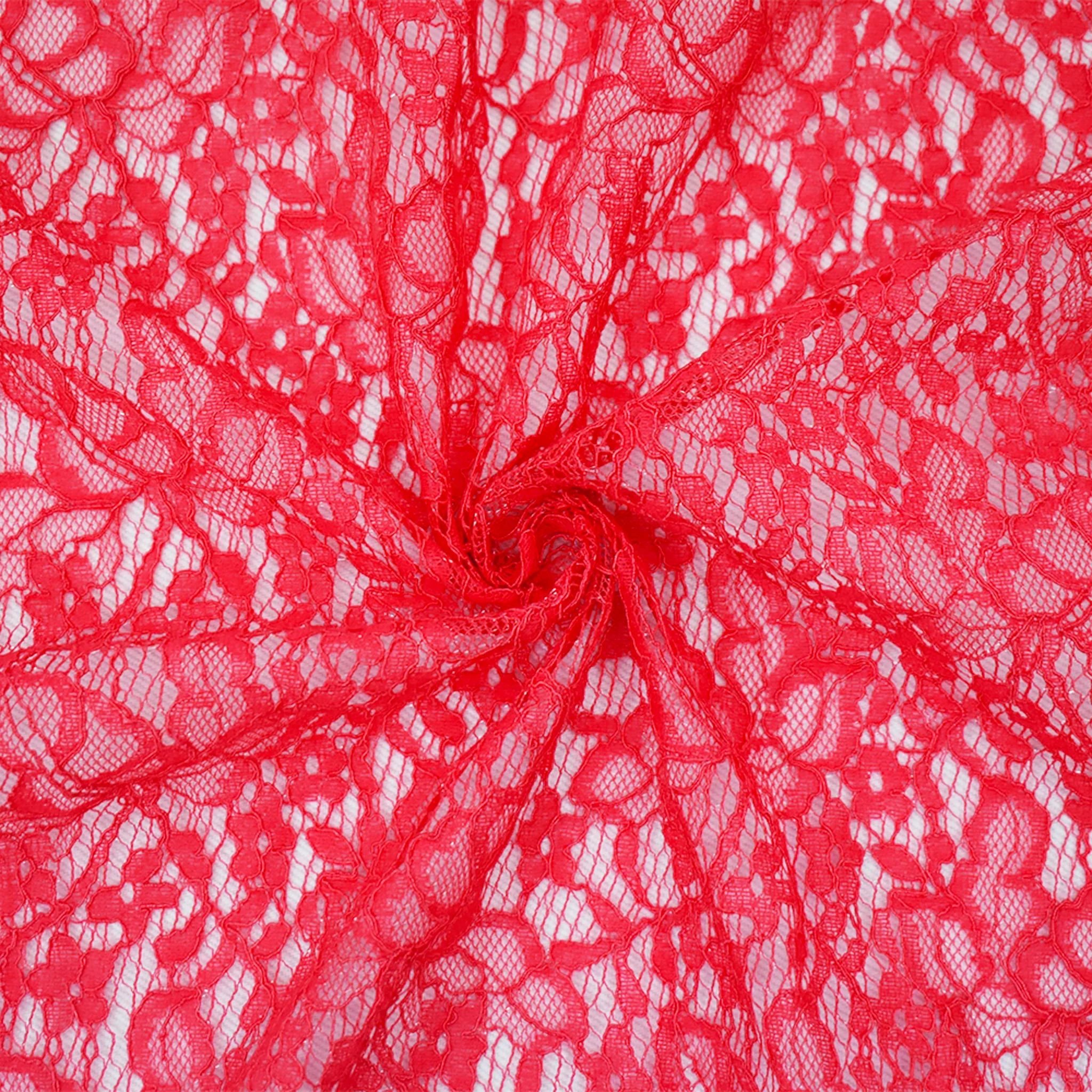 Coral Red Nylon Cotton Crochet Floral Lace Mesh Knit Fabric