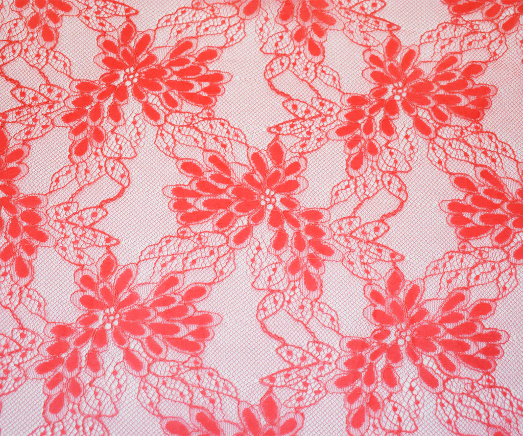 Coral Red Nylon Cotton Floral Lace Mesh Knit Fabric - Image 3