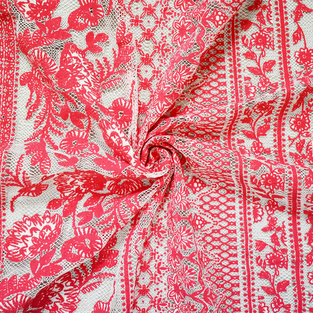 Coral Red-White Cotton-Nylon Multi Stripe Pattern Lace Mesh Knit Fabric