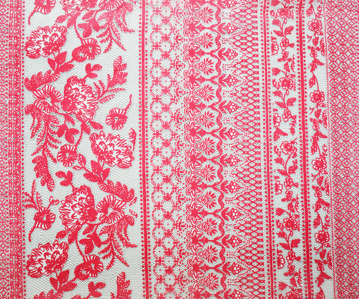 Coral Red-White Cotton-Nylon Multi Stripe Pattern Lace Mesh Knit Fabric - Image 3