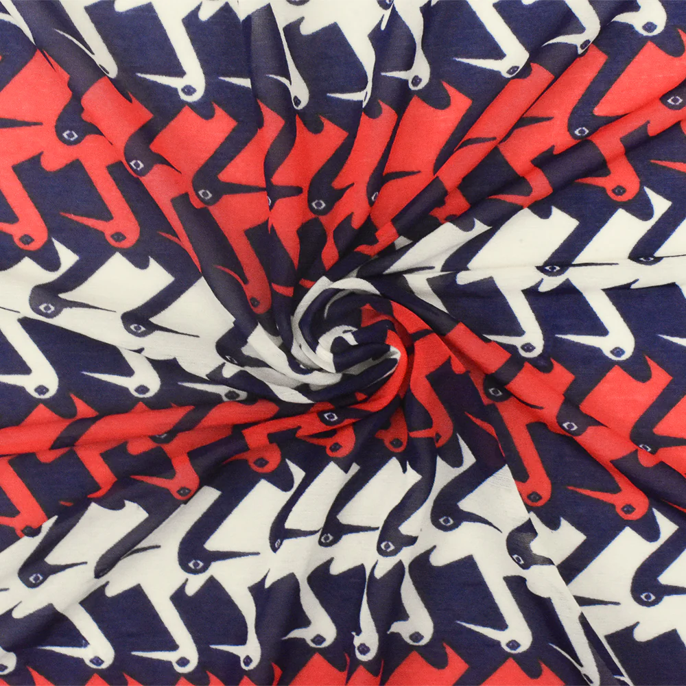 Dark Blue-Red-Ivory Brid Printed Stretch Poly Tissue Jersey Knit Fabric - Image 2