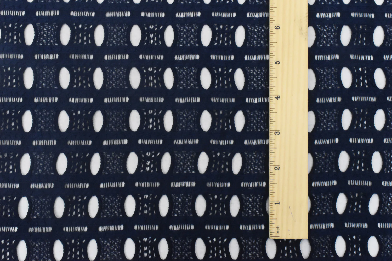 Dark Navy Blue Oval Striped Pattern Poly Crochet Knit Fabric - Image 4