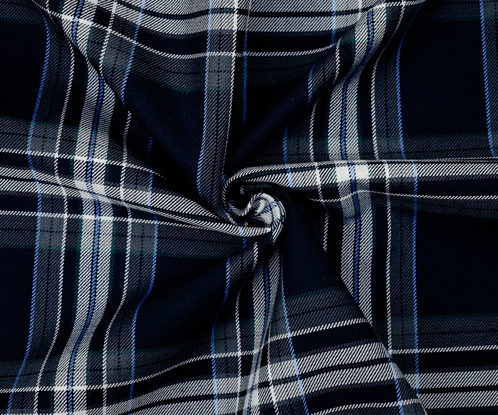 Dark Navy Blue-White-Multi Poly-Wool Plaid Twill Suiting Woven Fabric - Image 3