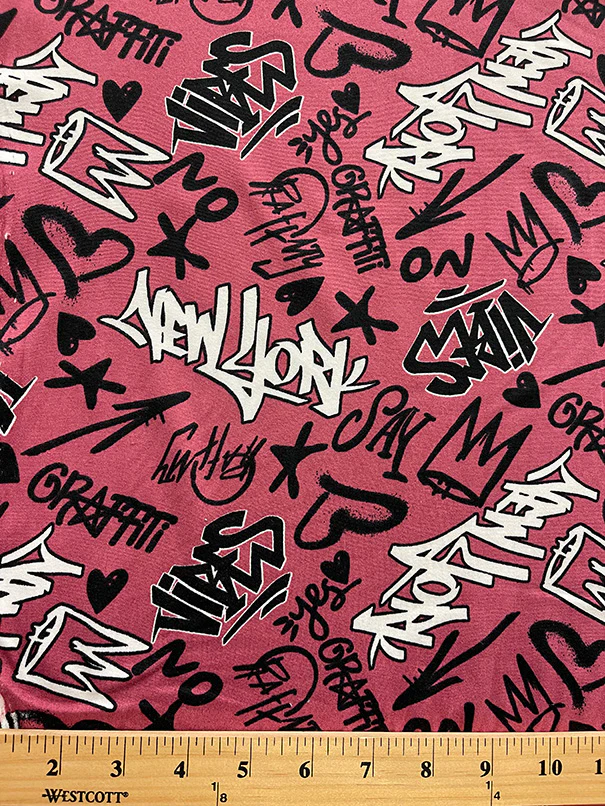 Dark Rose Graffiti Print Double Brushed Jersey Knit Fabric - Image 2