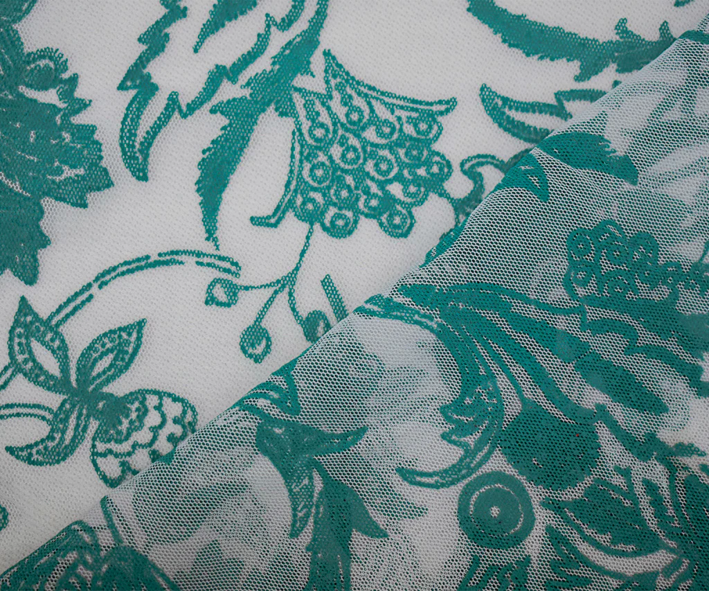 Dark Teal-White Nylon Floral Printed Mesh Tulle Knit Fabric - Image 2