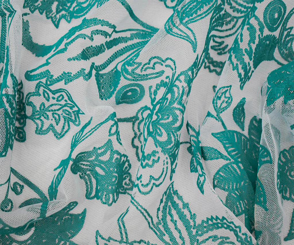 Dark Teal-White Nylon Floral Printed Mesh Tulle Knit Fabric - Image 3