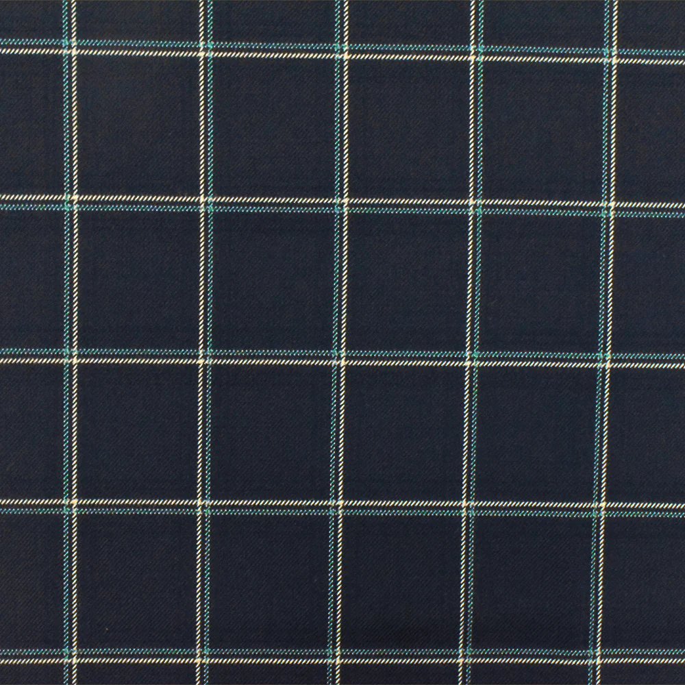 Deep Navy-Beige-Green Check Wool-Poly Twill Woven Suiting Fabric