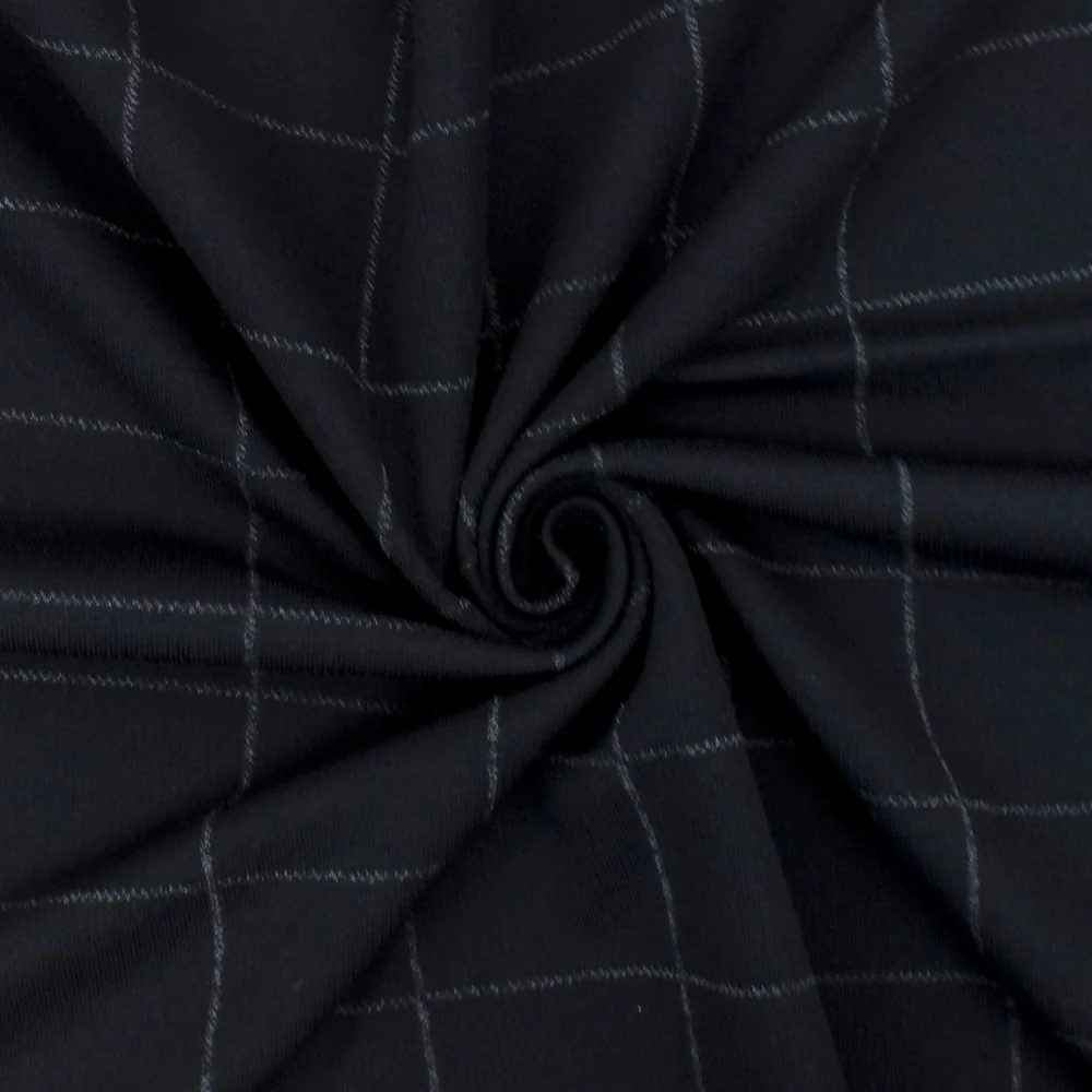 Deep Navy Blue-White Check Printed Cotton-Wool Matte Jersey Double Knit Fabric - Image 2