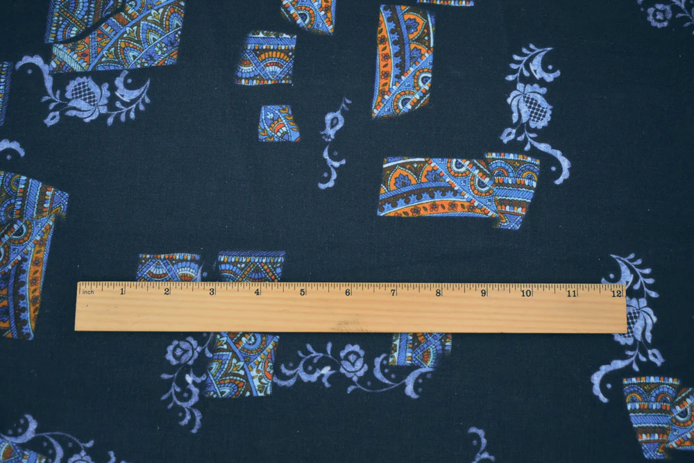 Deep Navy-Orange-Multi Abstract Moroccan Tile Printed Linen Woven Fabric - Image 5