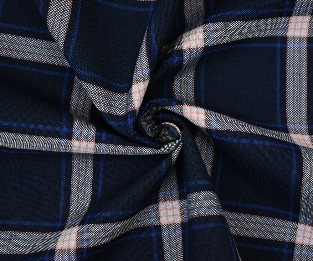 Deep Navy-Orange-Multi Polyester Wool Plaid Shirting Woven Fabric - Image 3
