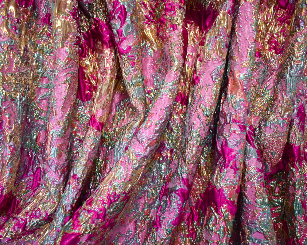 Fuchsia Pink-Gold Poly Blend Abstract Matelasse Jacquard Brocade Woven Fabric - Image 3
