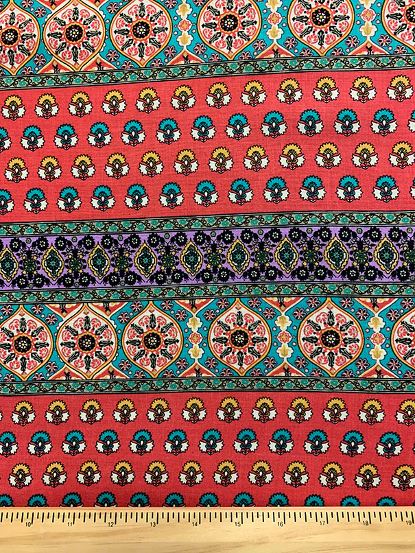 Fuschia and Teal Multi Stripe Print Rayon Challis Fabric - Image 3