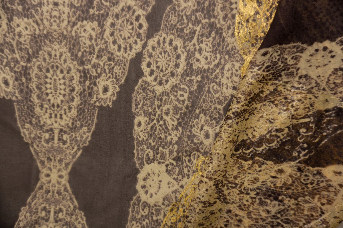 Gold Silk Baroque Foil Printed Chiffon Woven Fabric - Image 3