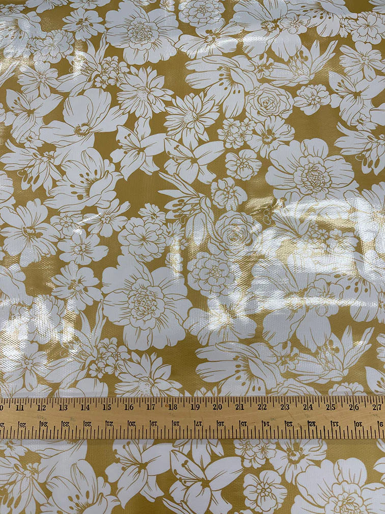 Gold White Floral Oilcloth Fabric - Reorderable - Image 2