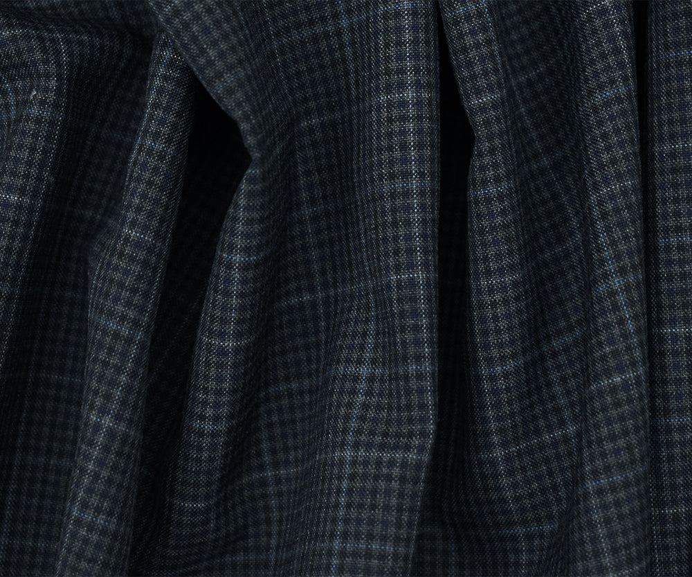 Gray-Black-Blue Poly-Wool Gingham Plaid Woven Shirting Fabric - Image 2