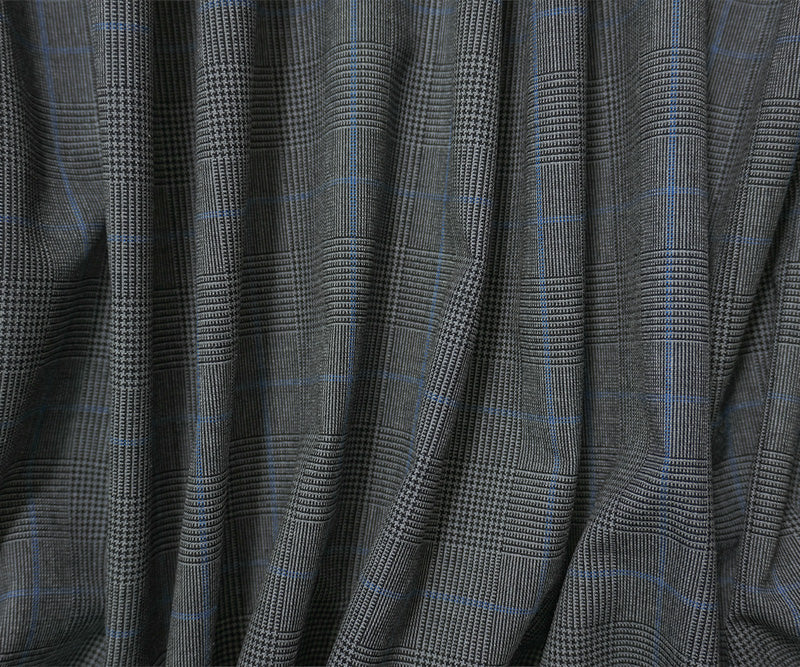 Gray-Black-Blue Poly Wool Plaid Woven Shirting Fabric - Image 3
