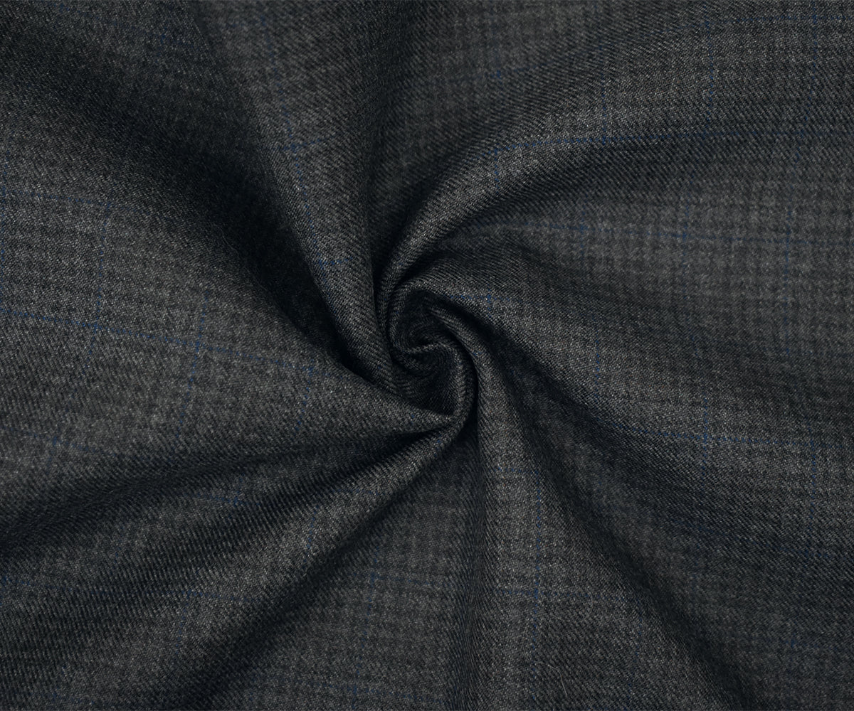 Gray-Black-Blue Wool Polyester Check Twill Plaid Suiting Woven Fabric - Image 3