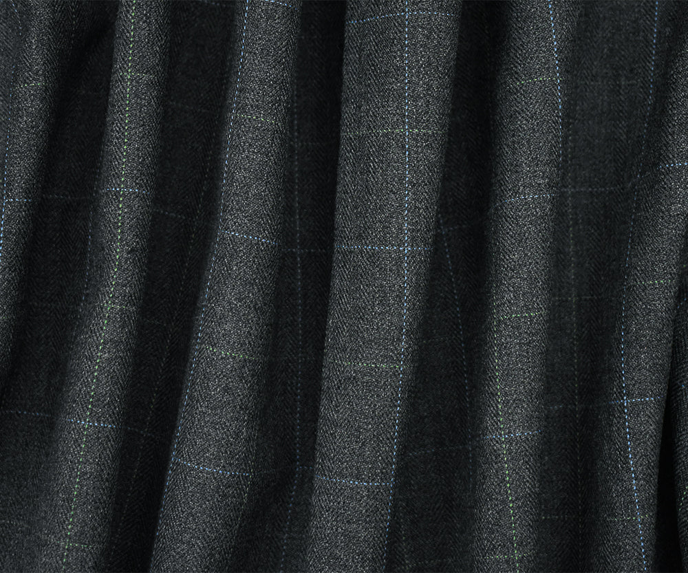 Gray-Blue-Green Poly Wool Check Herringbone Suiting Woven Fabric - Image 2