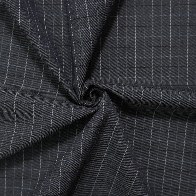 Gray-Blue Wool-Poly Check Twill Suiting Fabric