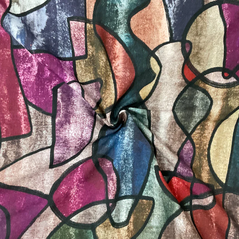 Gray-Purple-Multi Cotton Abstract Printed Jersey Knit Fabric