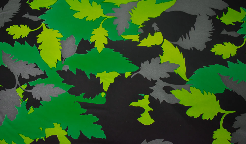 Green-Black-Gray Leaf Camo Printed Stretch Silk Jersey Knit Fabric - Image 2