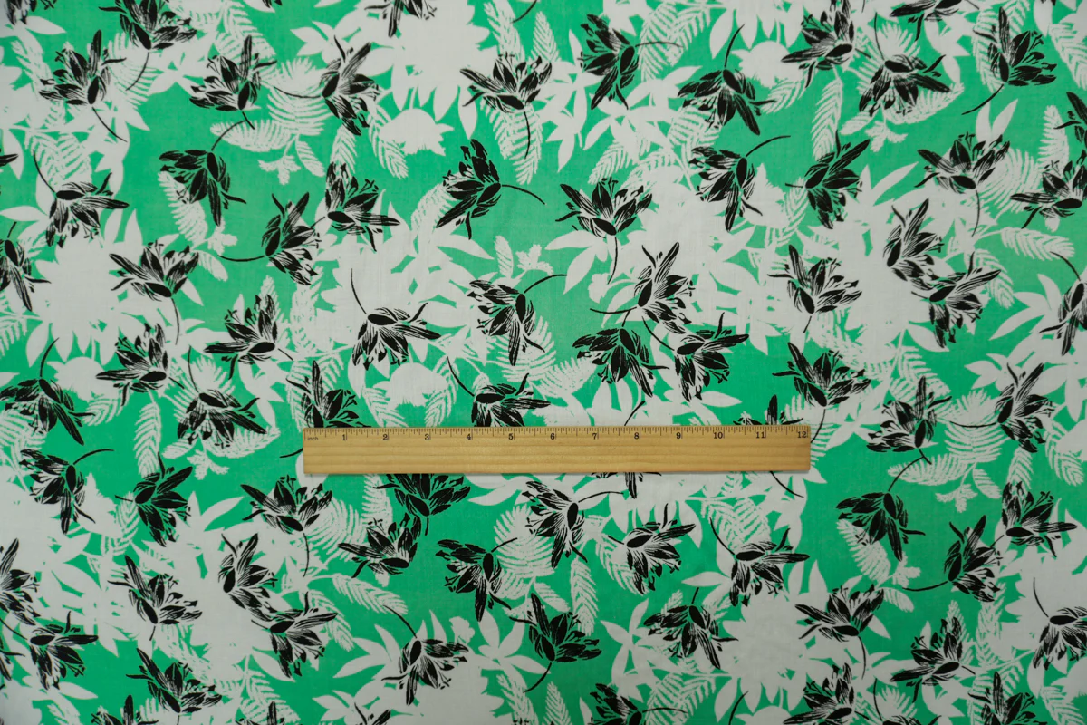 Green-Black-White Rayon Floral Printed Voile Woven Fabric - Image 4