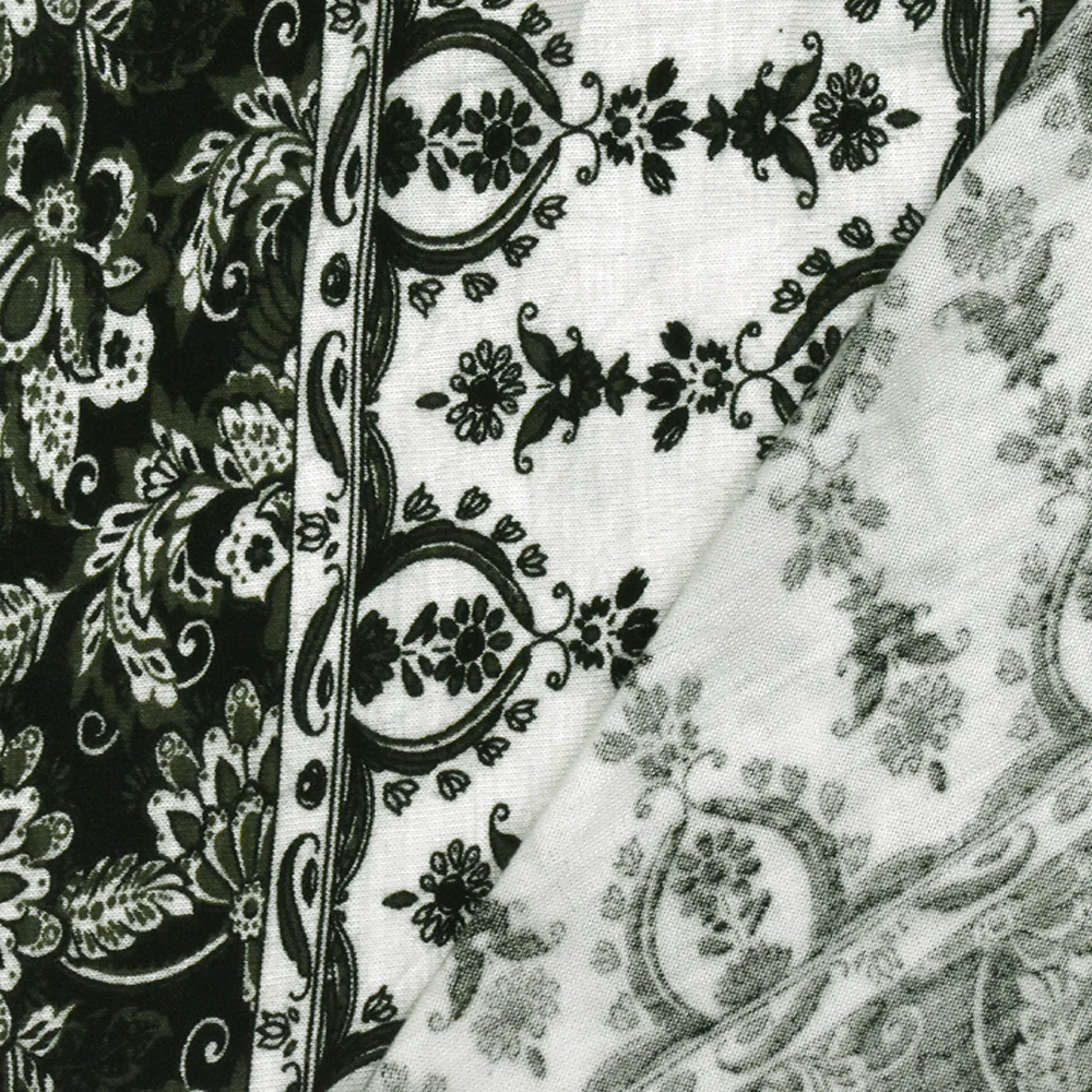 Green-Ivory-Multi Stripe Floral Print Rayon Stretch Slub Jersey Knit Fabric - Image 4
