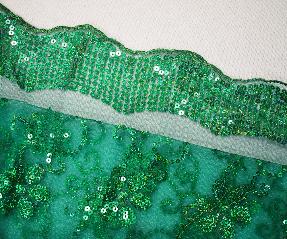 Green Nylon Embroidered Floral Sequin Scallop Tulle Mesh Fabric - Image 2