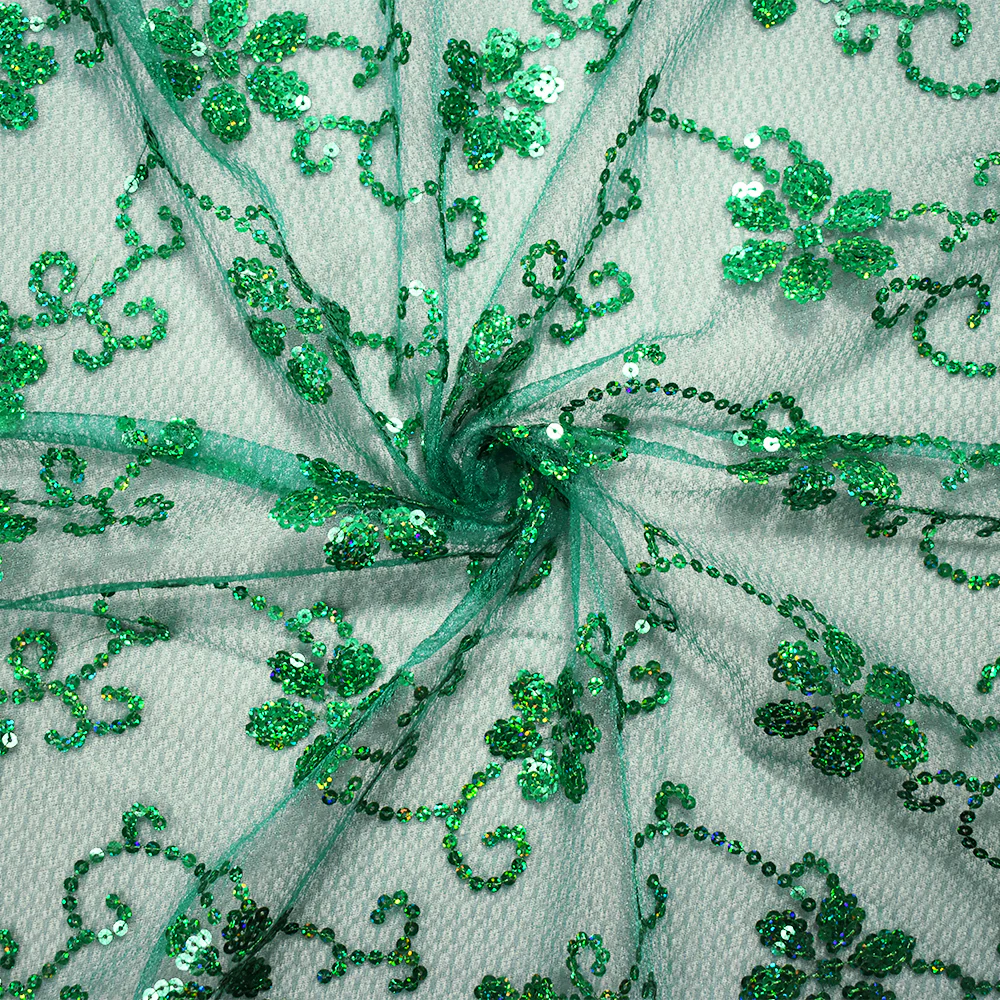 Green Nylon Embroidered Floral Sequin Scallop Tulle Mesh Fabric - Image 3