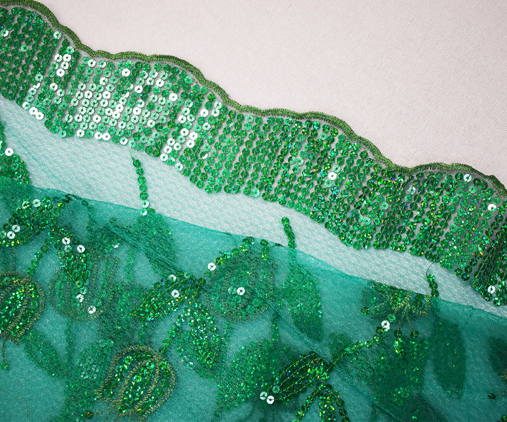 Green Nylon Embroidered Floral Tullip Sequin Scallop Tulle Mesh Fabric - Image 2