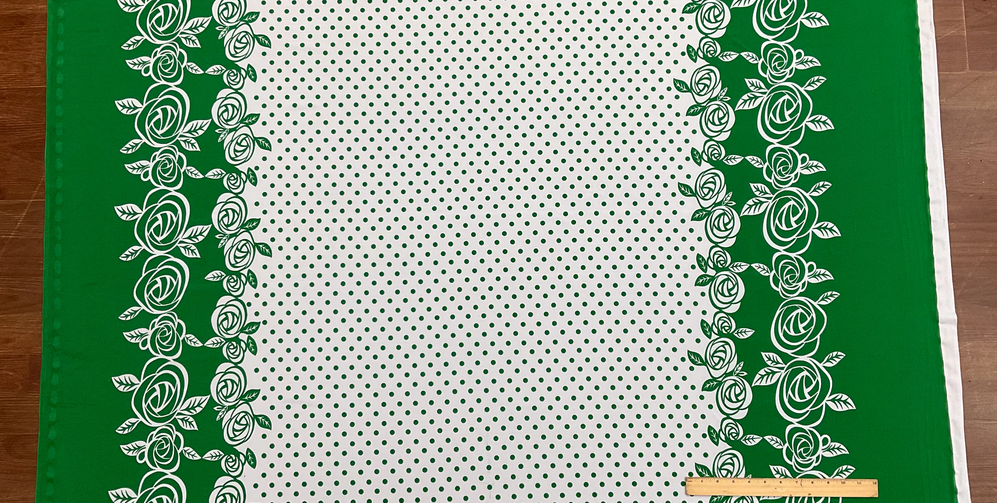 Green-White Dot With Floral Border Print Stretch Poly ITY Knit Fabric - Image 5