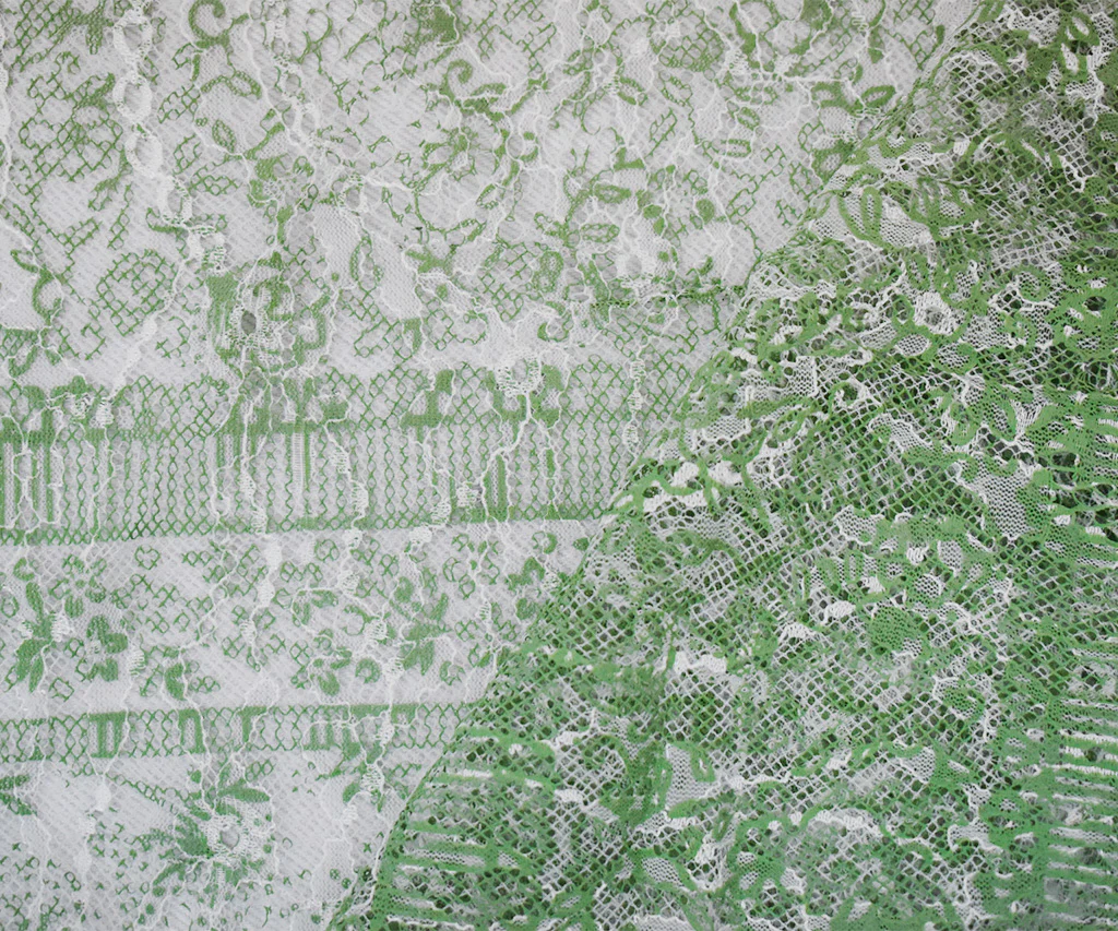 Green-White Nylon Floral Stripe Printed Lace Mesh Knit Fabric - Image 2