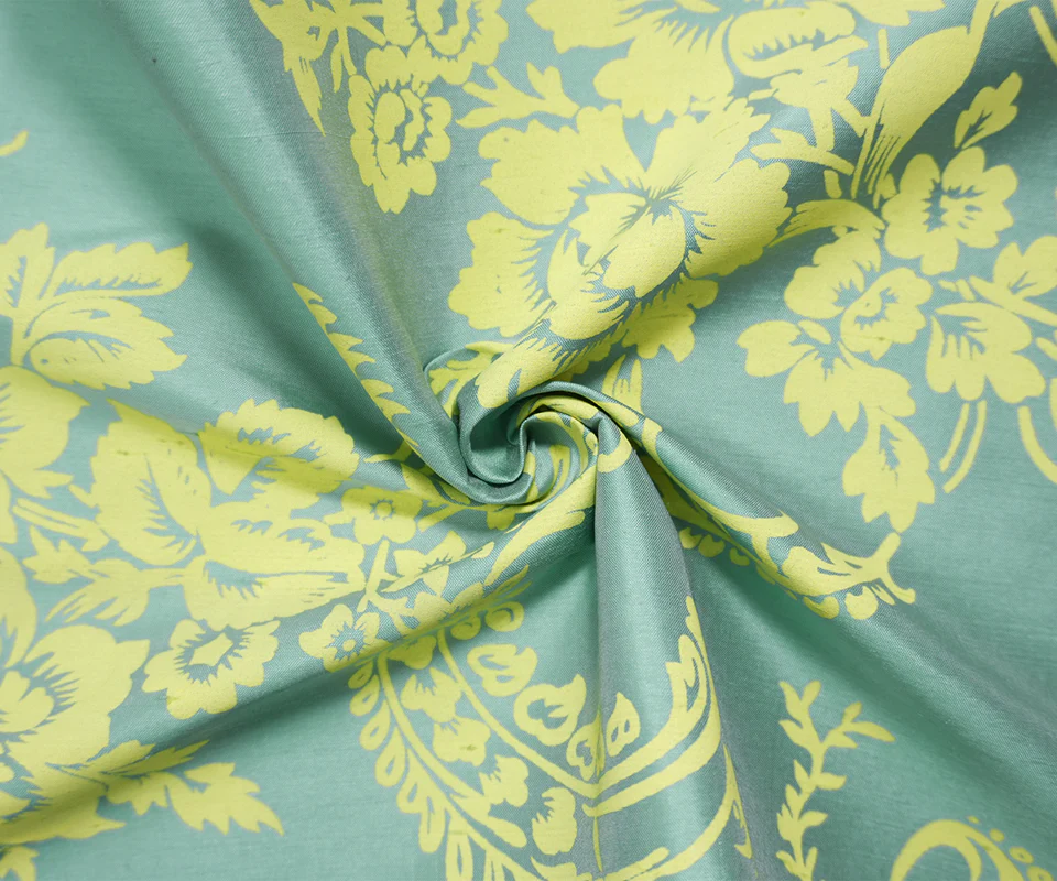 Green-Yellow Silk Floral Printed Taffeta Woven Fabric - Image 4