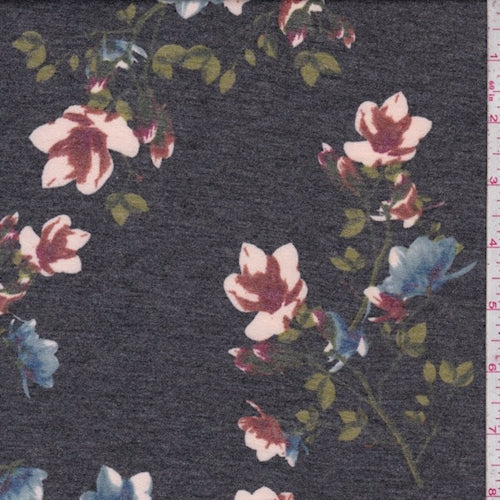 Heather Black Floral Sprig Double Brushed French Terry Knit Fabric