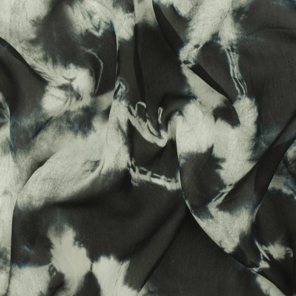 Ink Blue-Ivory Famous Designer Tie Dye Printed Viscose Chiffon Woven Fabric - Image 3