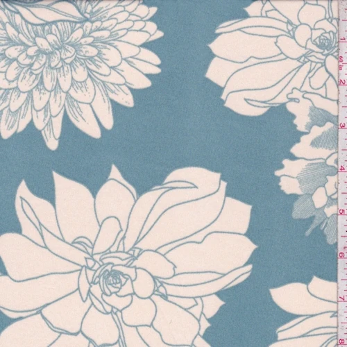 ITY Dusty Blue/Cream Large Floral Jersey Knit Fabric