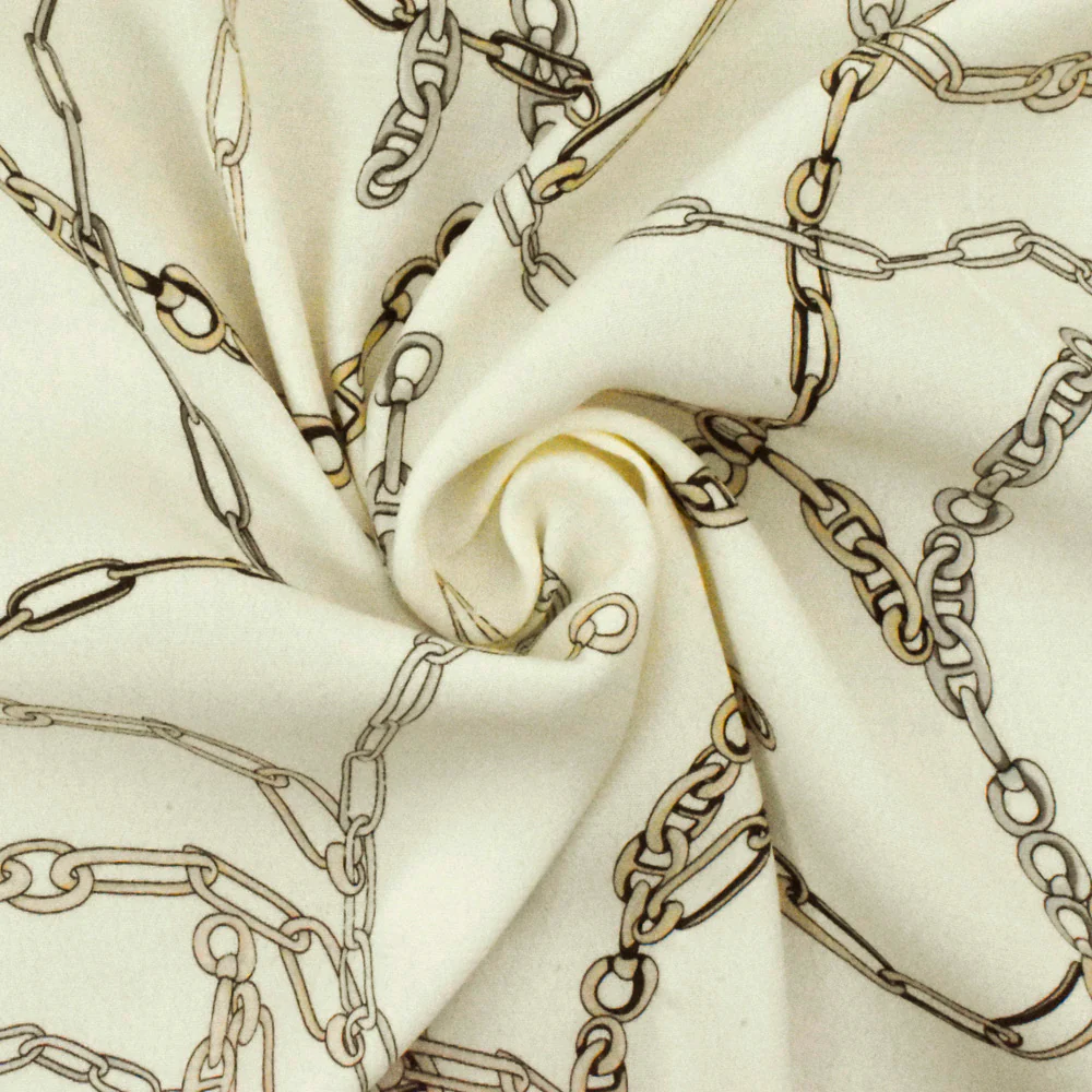 Ivory-Beige-Multi Famous Designer Chain Printed Viscose Crepe Faille Fabric - Image 2