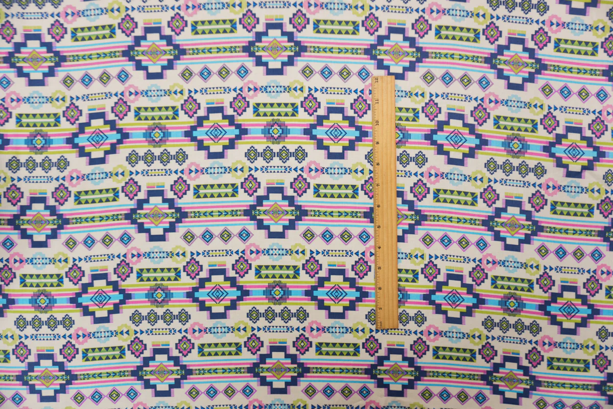 Ivory-Blue-Multi Rayon Aztec Printed Voile Woven Fabric - Image 4