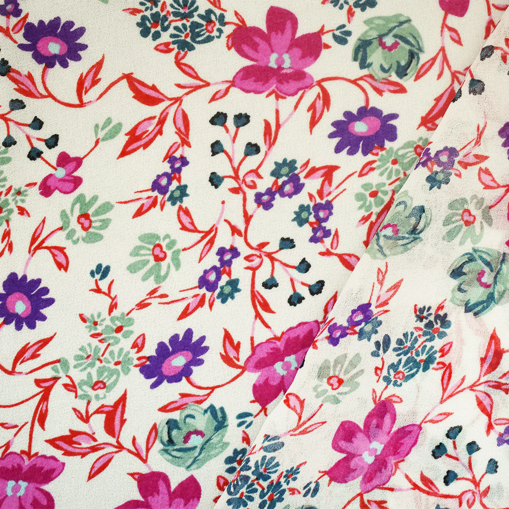 Ivory-Pink-Multi Floral Printed Poly Chiffon Woven Fabric - Image 2