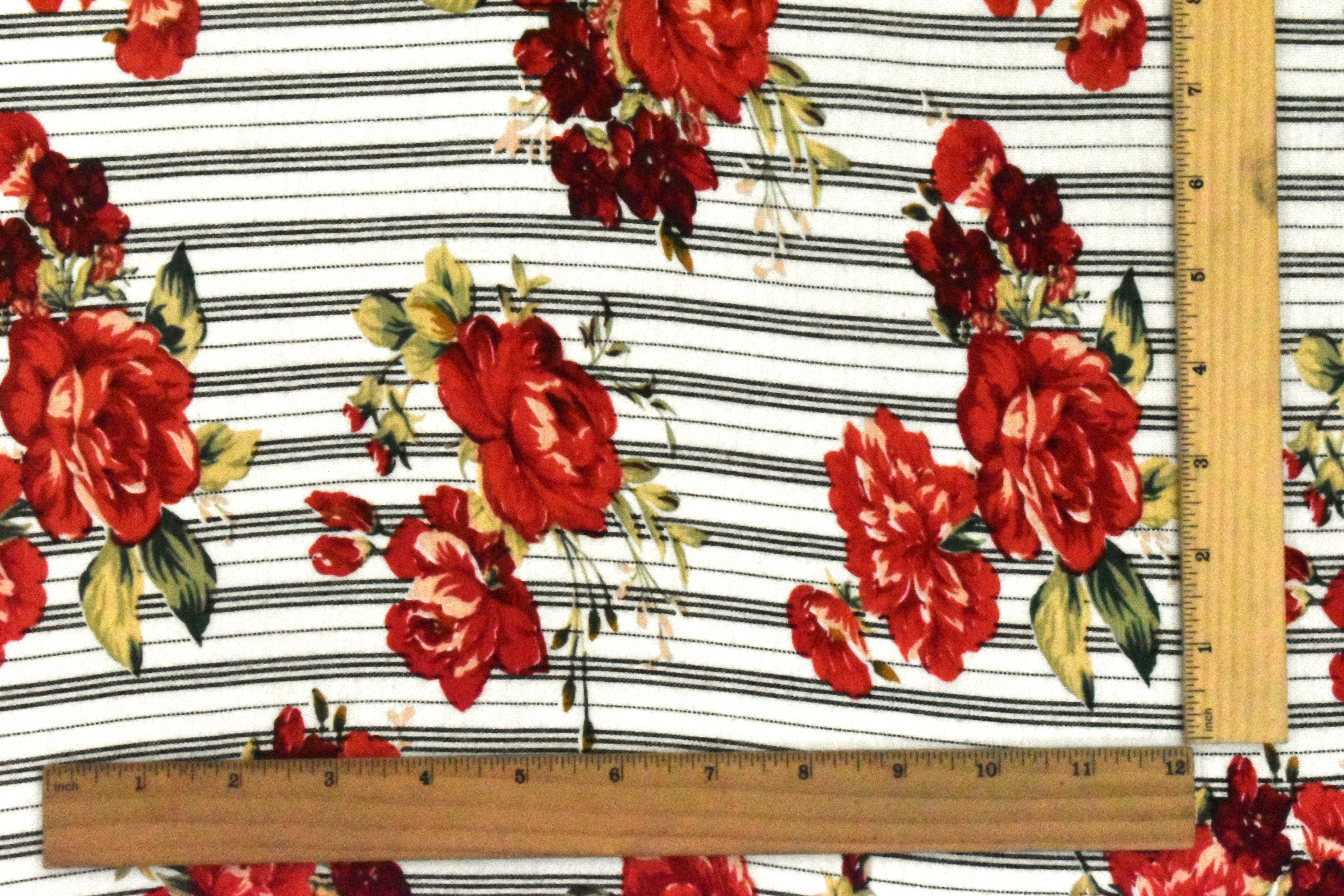 Ivory-Red-Multi Floral And Stripe Printed Rayon Stretch Jersey Knit Fabric - Image 5