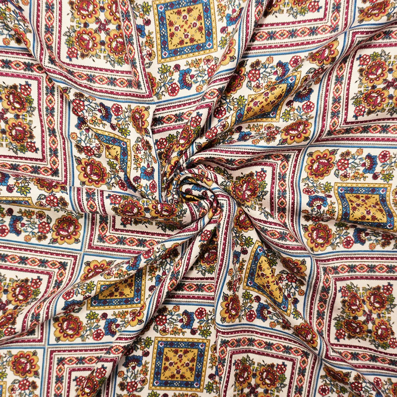 Ivory-Red-Multi Rayon Floral Tile Printed Twill Woven Fabric