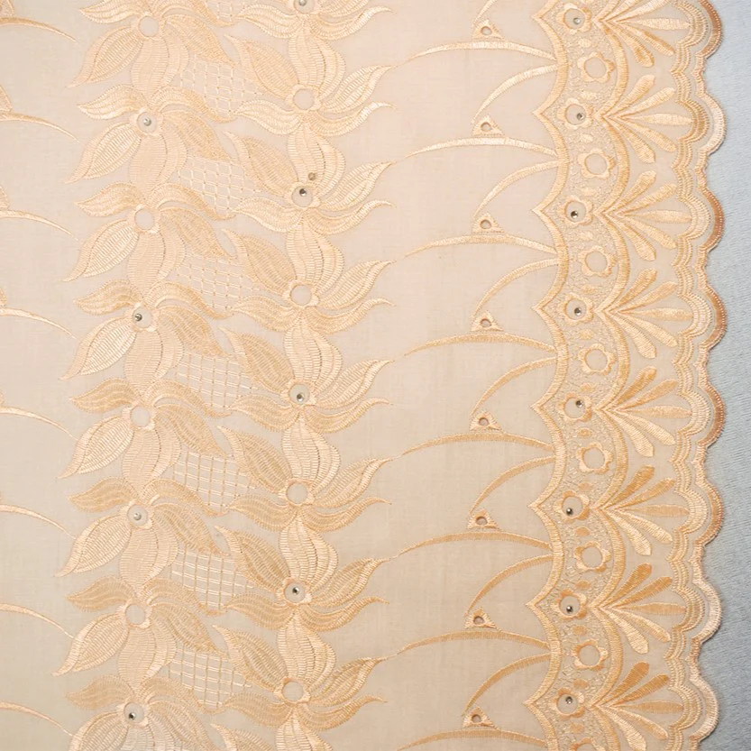 Light Beige Poly-Cotton Embroidered Floral Scallop Rhinestone Woven Fabric