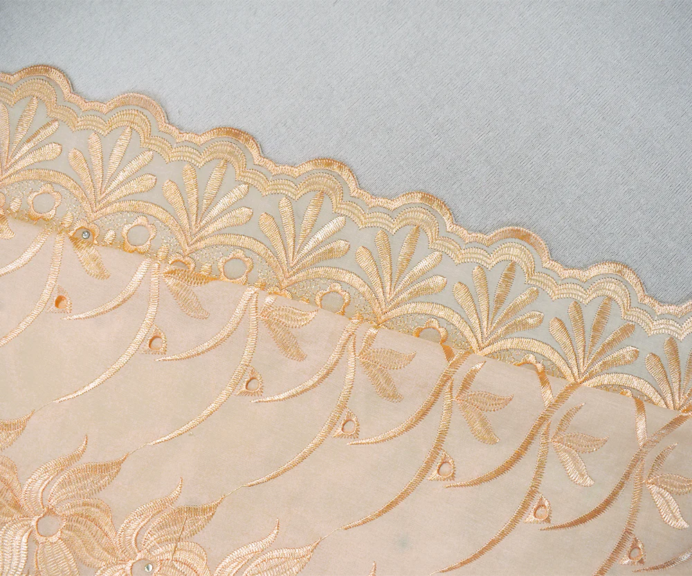 Light Beige Poly-Cotton Embroidered Floral Scallop Rhinestone Woven Fabric - Image 2