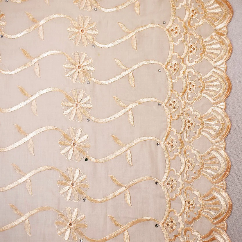 Light Beige Poly-Cotton Embroidered Scallop Rhinestone Woven Fabric