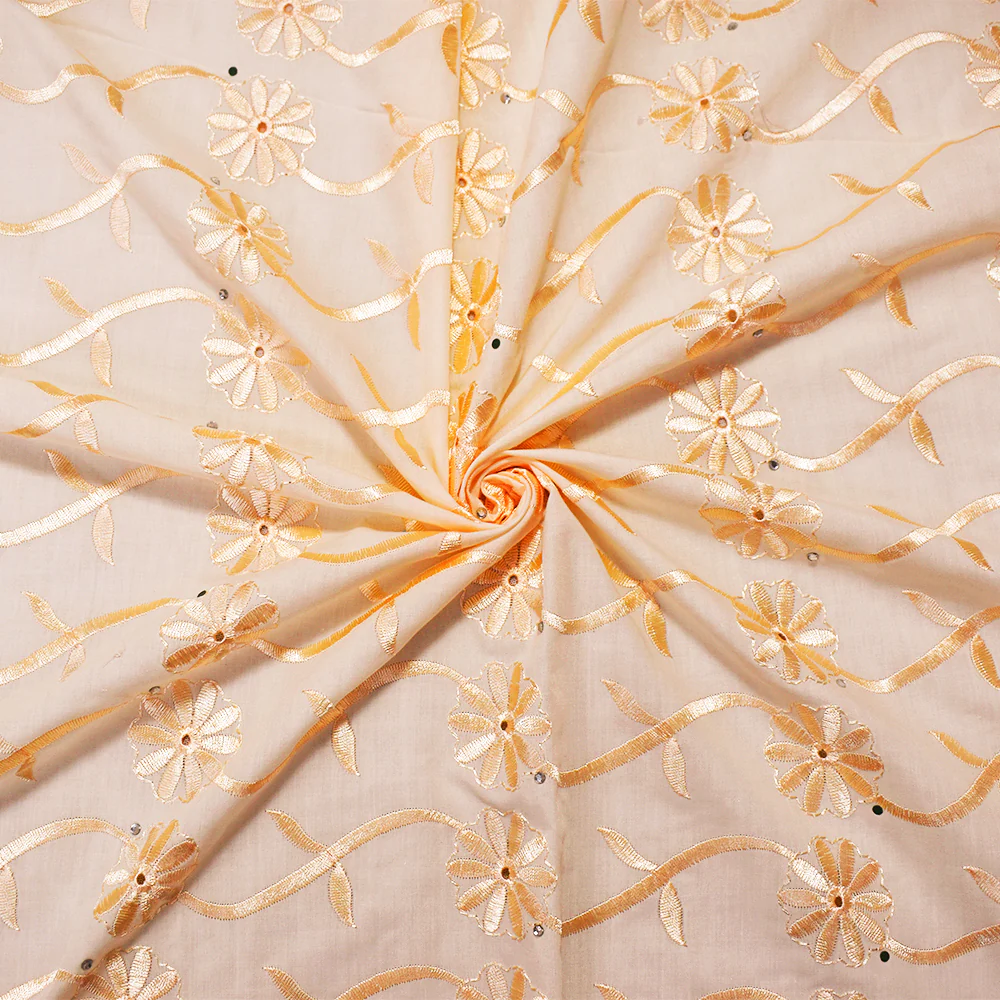 Light Beige Poly-Cotton Embroidered Scallop Rhinestone Woven Fabric - Image 3