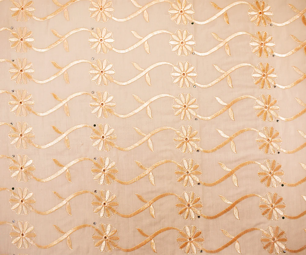 Light Beige Poly-Cotton Embroidered Scallop Rhinestone Woven Fabric - Image 4
