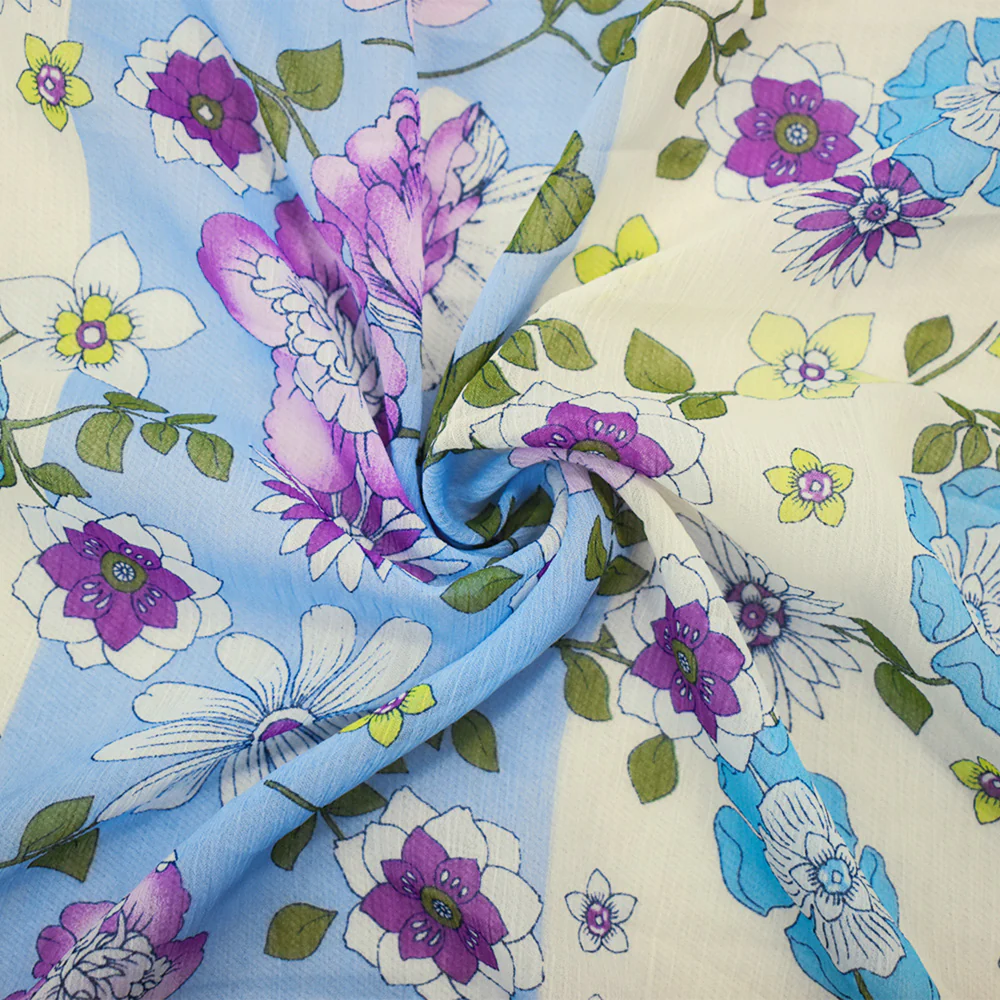 Light Blue-Multi Polyester Floral Printed Yoryu Crinkled Chiffon Fabric
