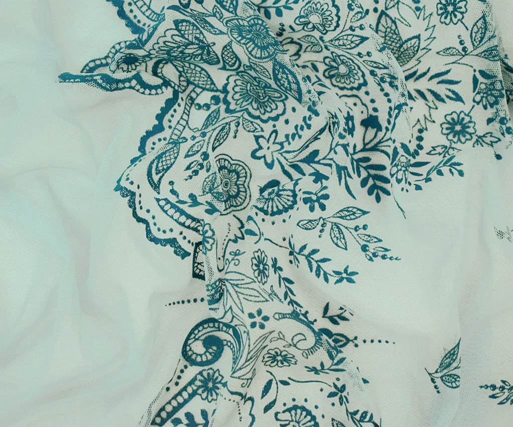 Light Blue-Teal Nylon Floral Border Scallop Printed Mesh Tulle Knit Fabric - Image 3