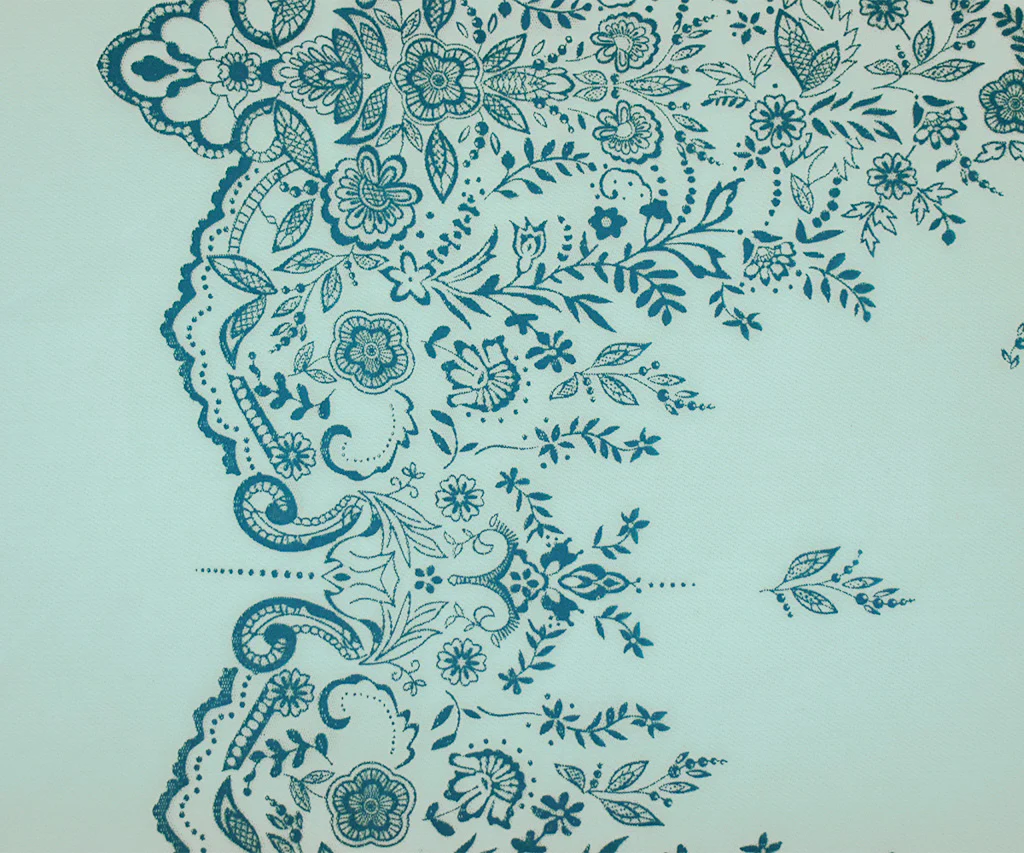 Light Blue-Teal Nylon Floral Border Scallop Printed Mesh Tulle Knit Fabric - Image 4